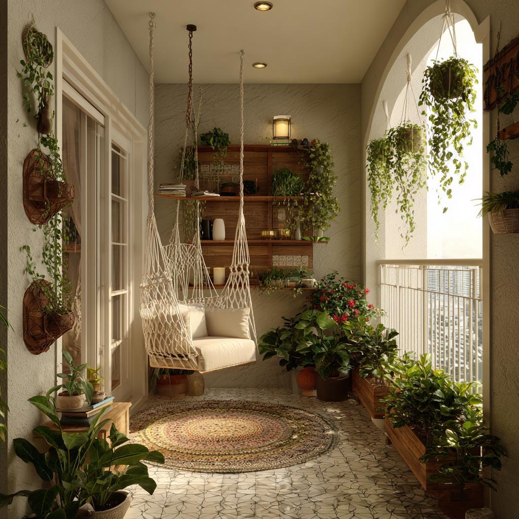 Inspiring balcony tiles ideas featuring mosaic patterns paired with a cozy hanging swing