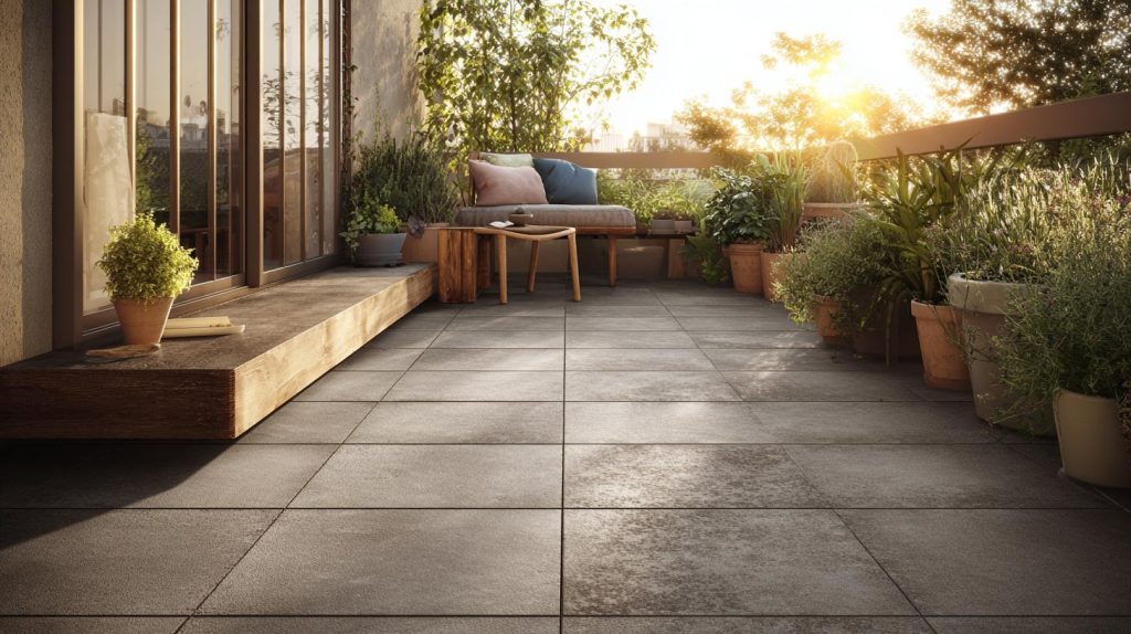 Large matte floor slabs paired with wooden tiles for balcony wall accents in the sunset