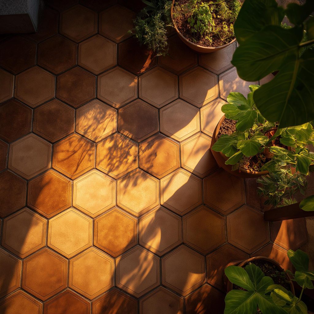 Warm balcony tiles texture shown through hexagonal clay patterns bathed in golden sunlight