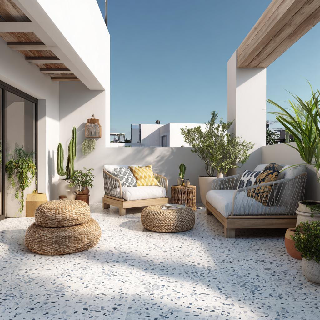 Trendy modern balcony floor tiles design featuring a bright white terrazzo finish terrace