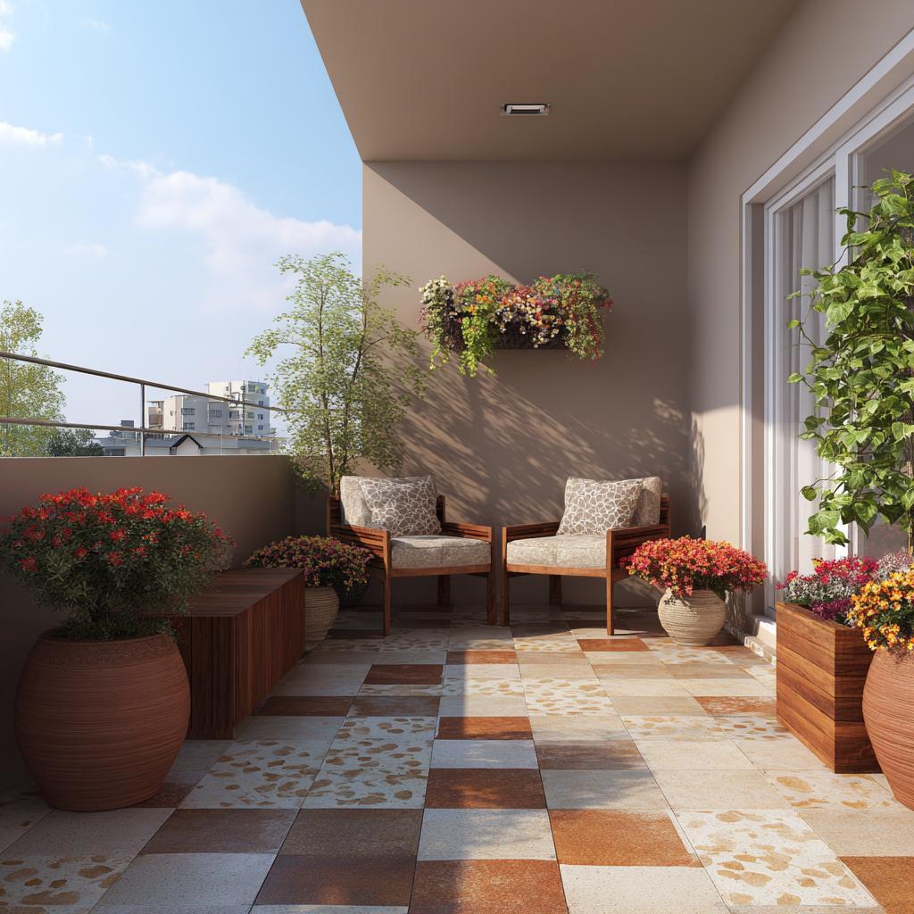 A modern balcony floor tiles design featuring a checkered pattern with earthy terracotta