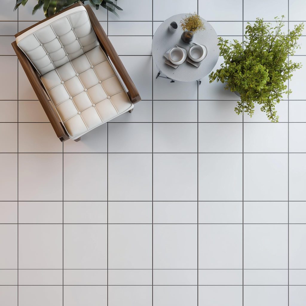 An overhead view of durable, textured anti skid tiles for balcony use with clean white lines