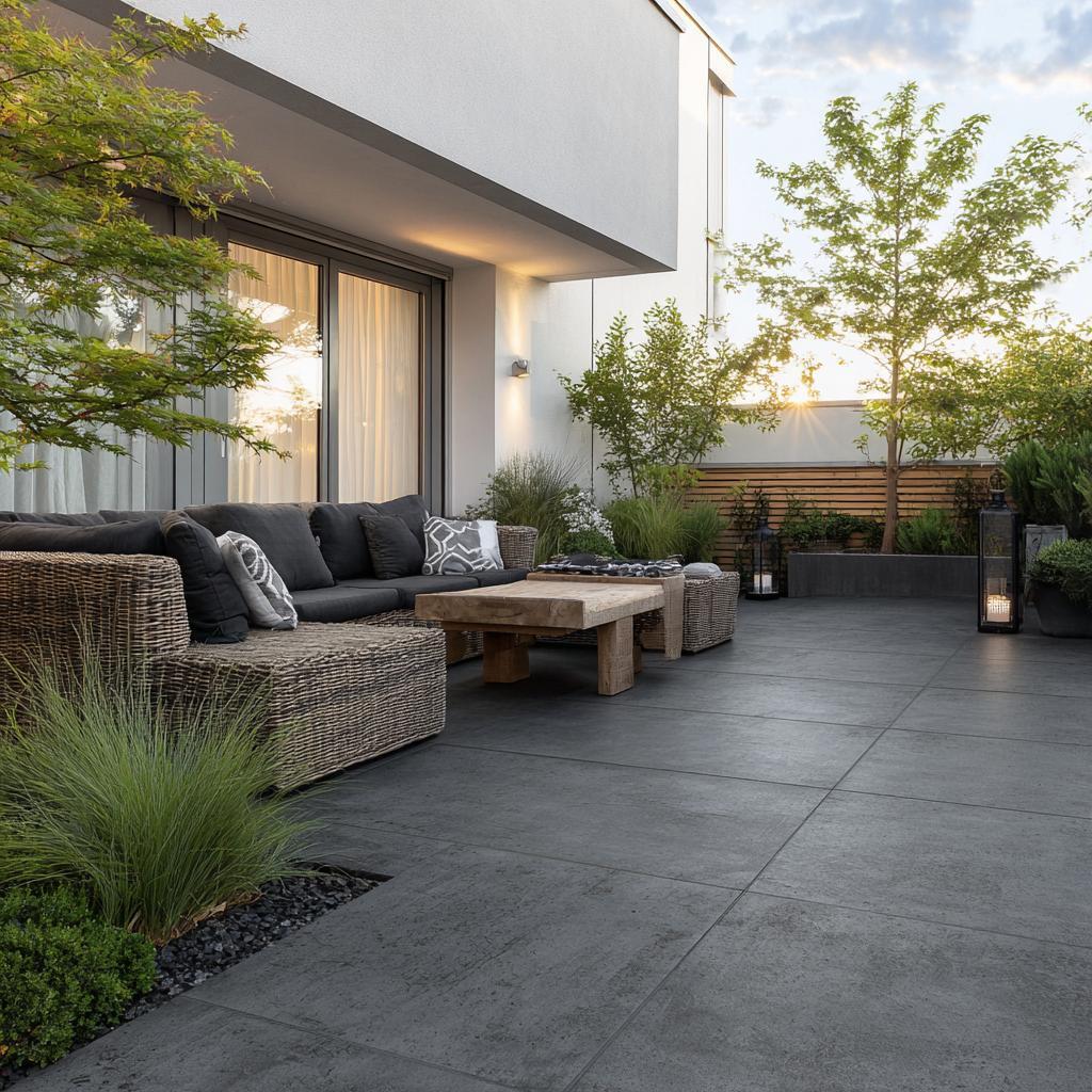 A sleek modern balcony tiles design using large dark charcoal slabs for a spacious patio