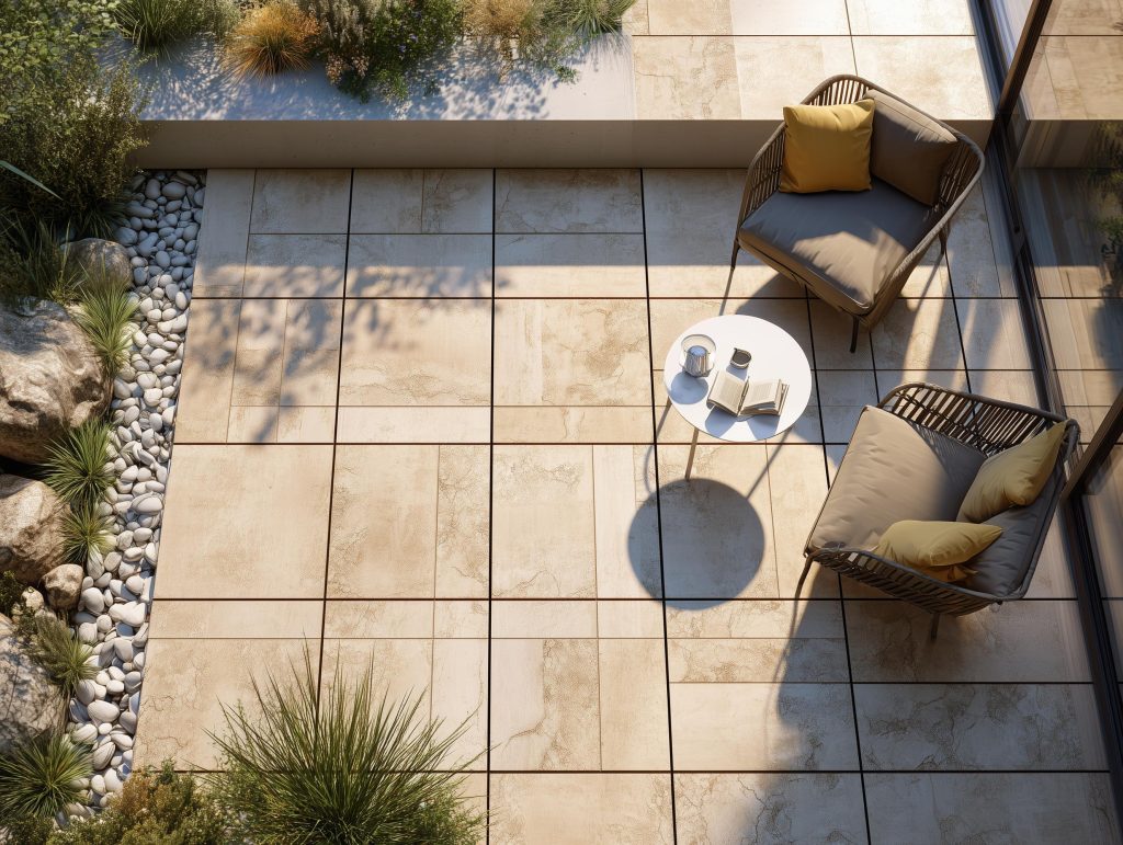 Neutral balcony floor tiles in a textured sandstone finish for a modern apartment terrace