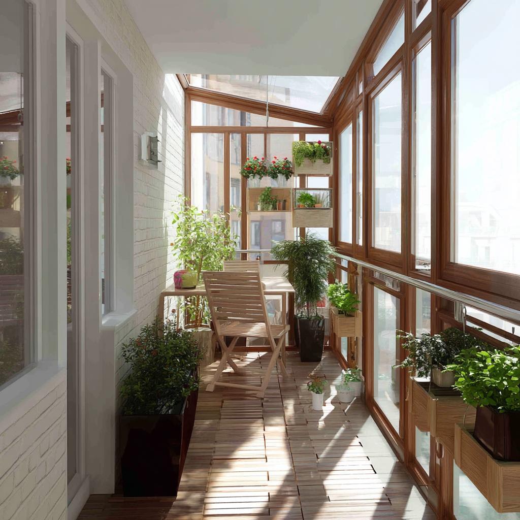 Warm wooden tiles for balcony flooring in a bright, sunlit enclosed glass seating area