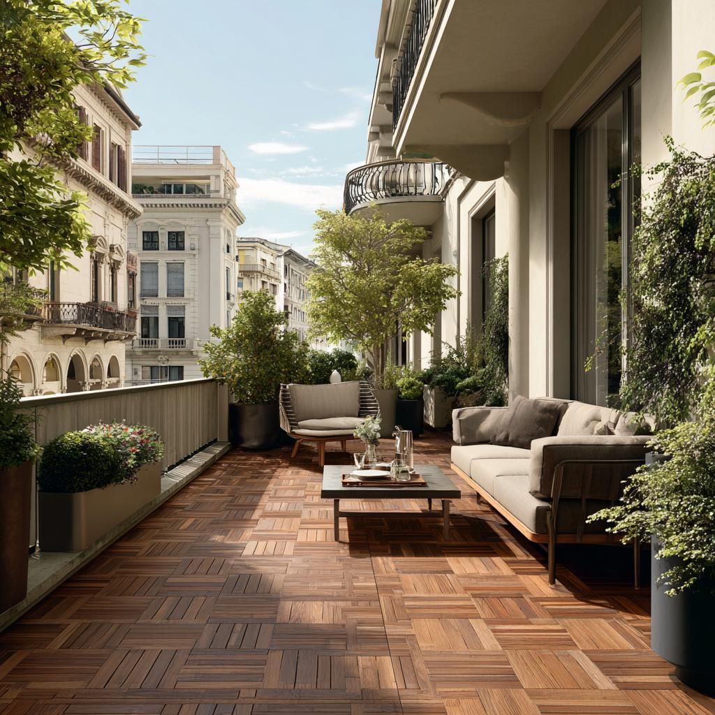 High-end balcony design tiles in an interlocking wood pattern for a luxury European terrace
