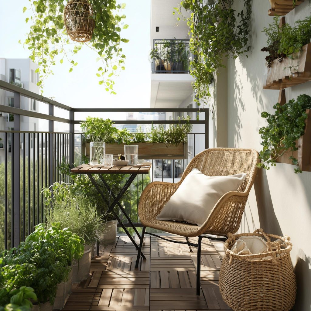 Balcony makeover India apartment style with a woven chair and folding bistro table set