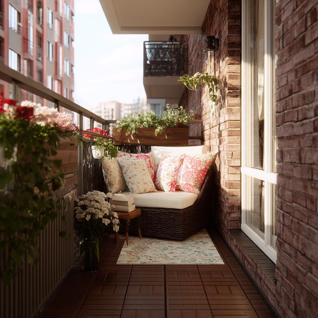 Small balcony makeover on an apartment balcony with a wicker chair, floral cushions, and brick wall