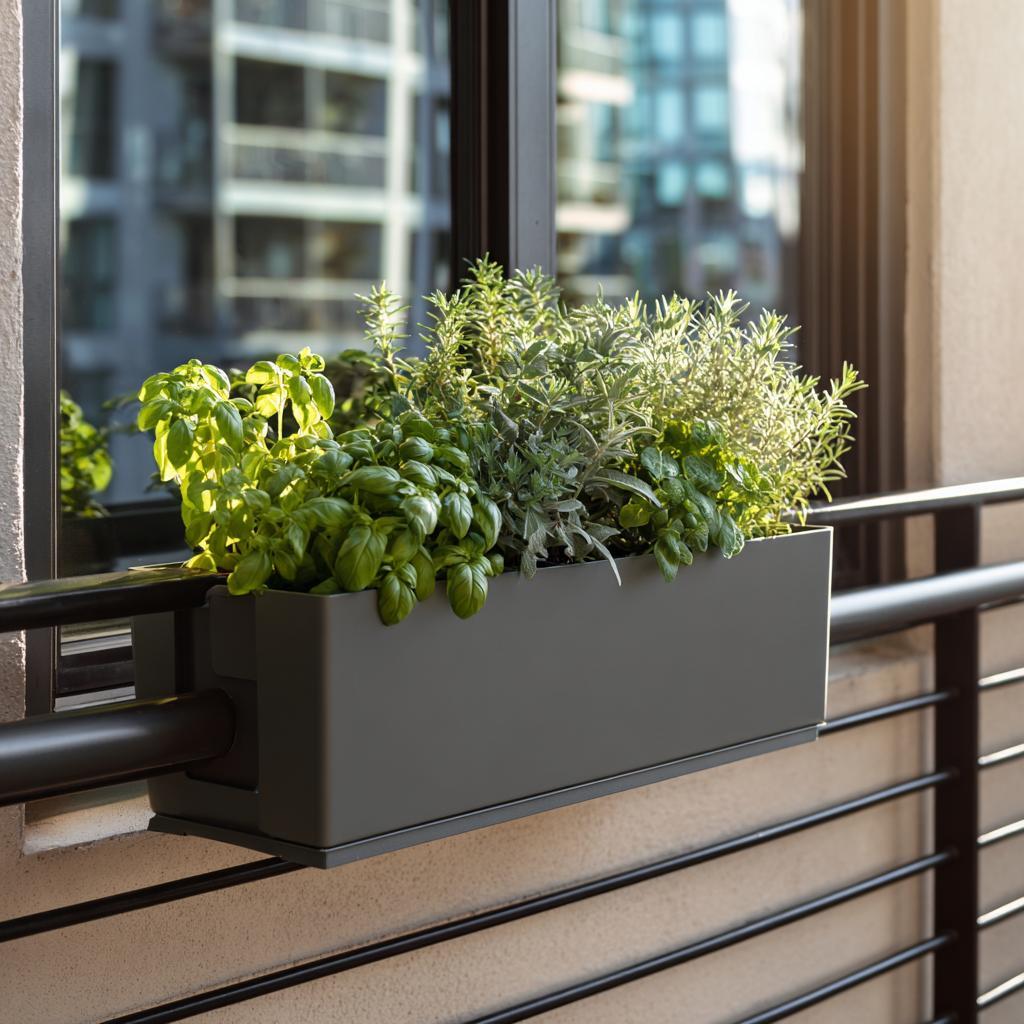 Small balcony makeover showcasing a modern grey railing planter box filled with fresh herbs