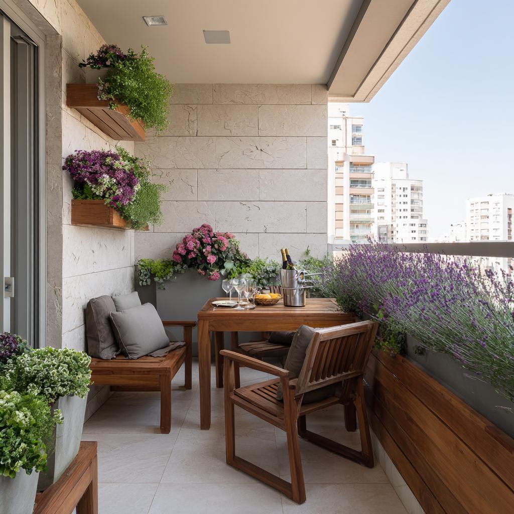 Low budget balcony makeover featuring a wooden dining set and lavender plants along the rail