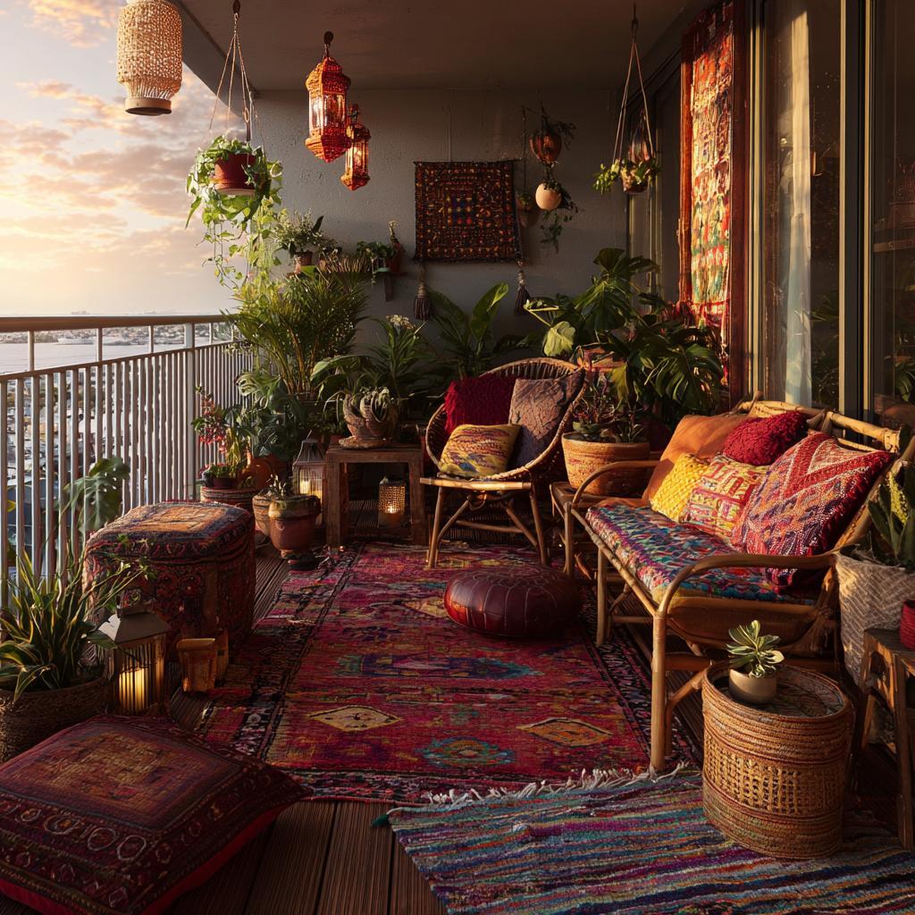 Low budget balcony makeover with eclectic boho rugs, colorful cushions, and lanterns