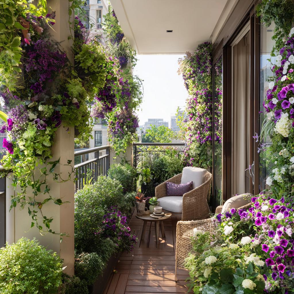 Small balcony makeover on a budget using lush purple flowers and woven wicker furniture