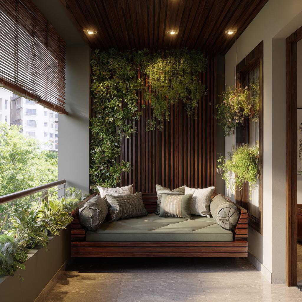 Balcony makeover India style featuring a dark wood daybed and a slatted vertical garden