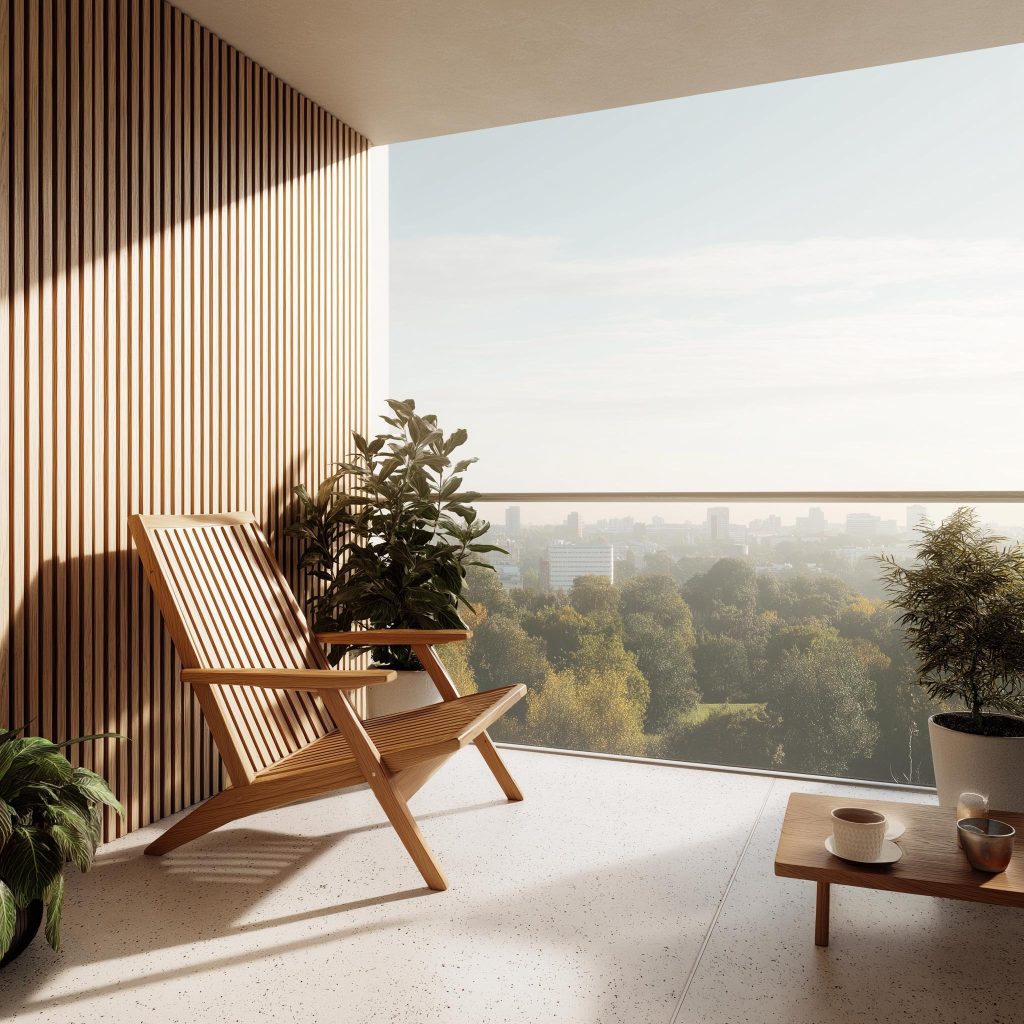 Small balcony makeover on a budget featuring a wooden lounge chair and city park views