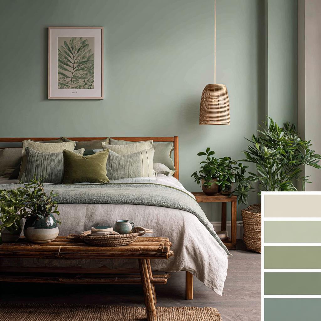 Bedroom interior colour combination with sage green walls and complementary nature tones