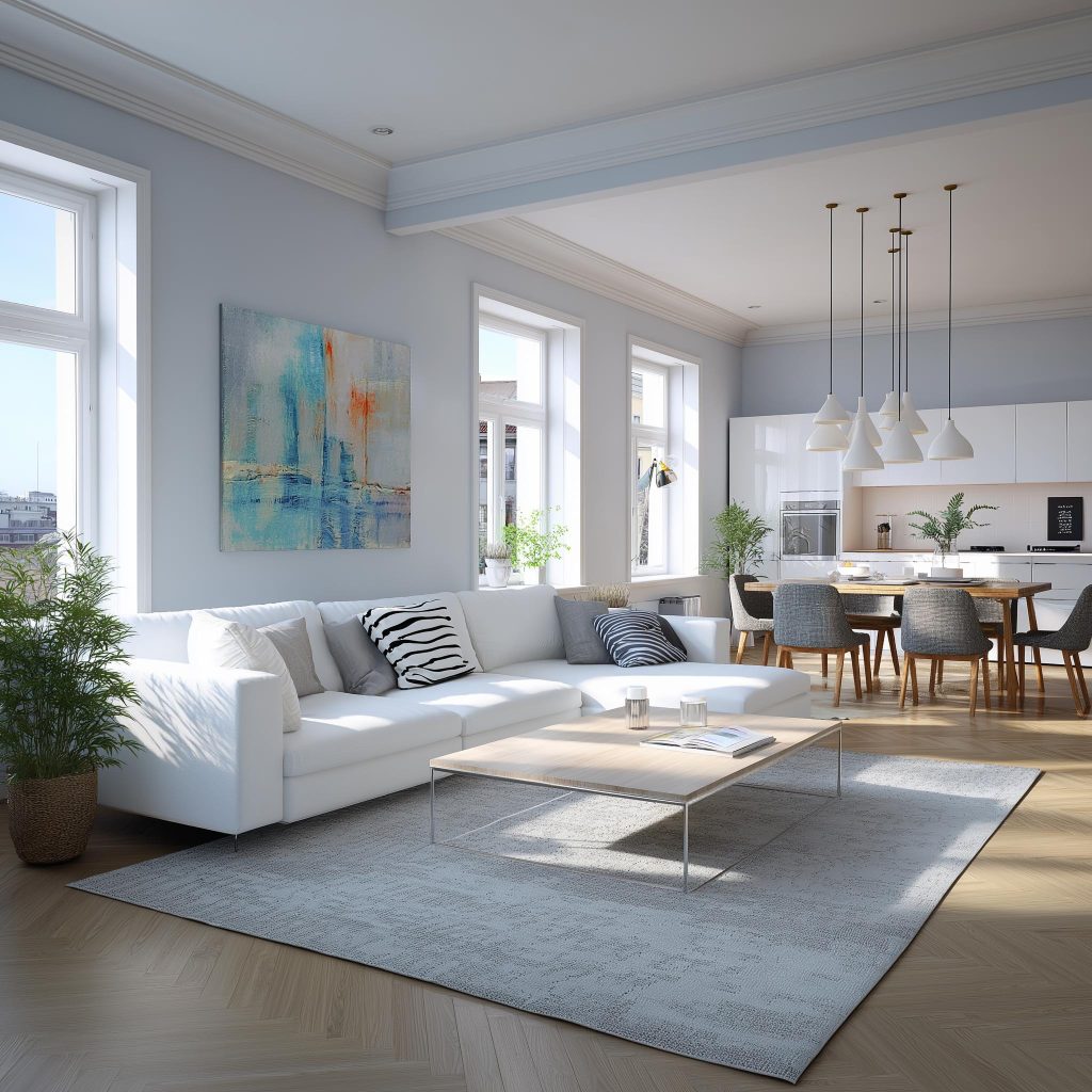 Interior colour combination for indian homes featuring soft grey walls and white furniture