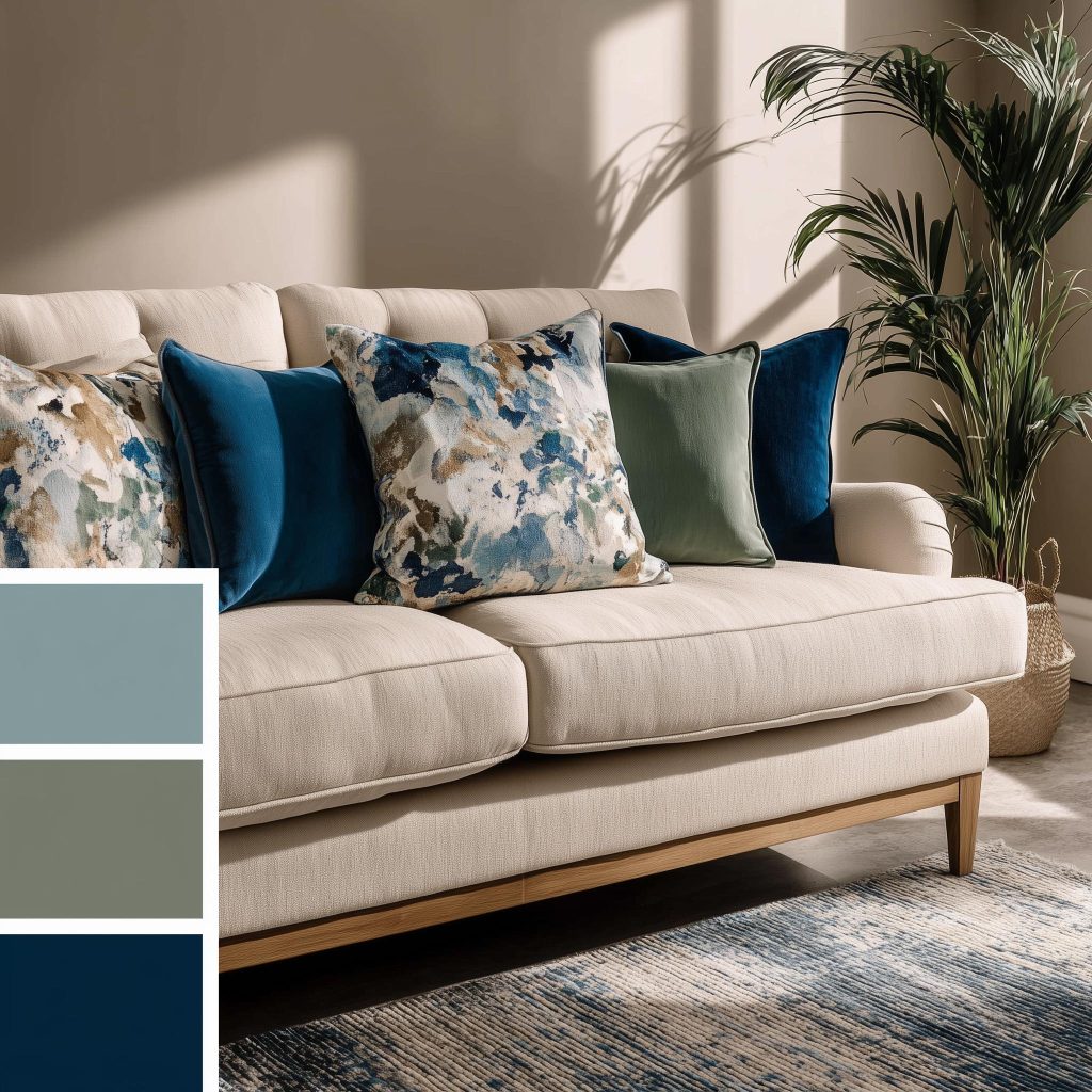 Interior room colour combination showcasing a beige sofa paired with deep blue plush