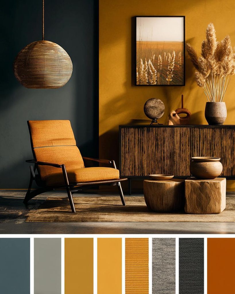 Home interior paint colour combinations featuring mustard yellow and deep teal accents