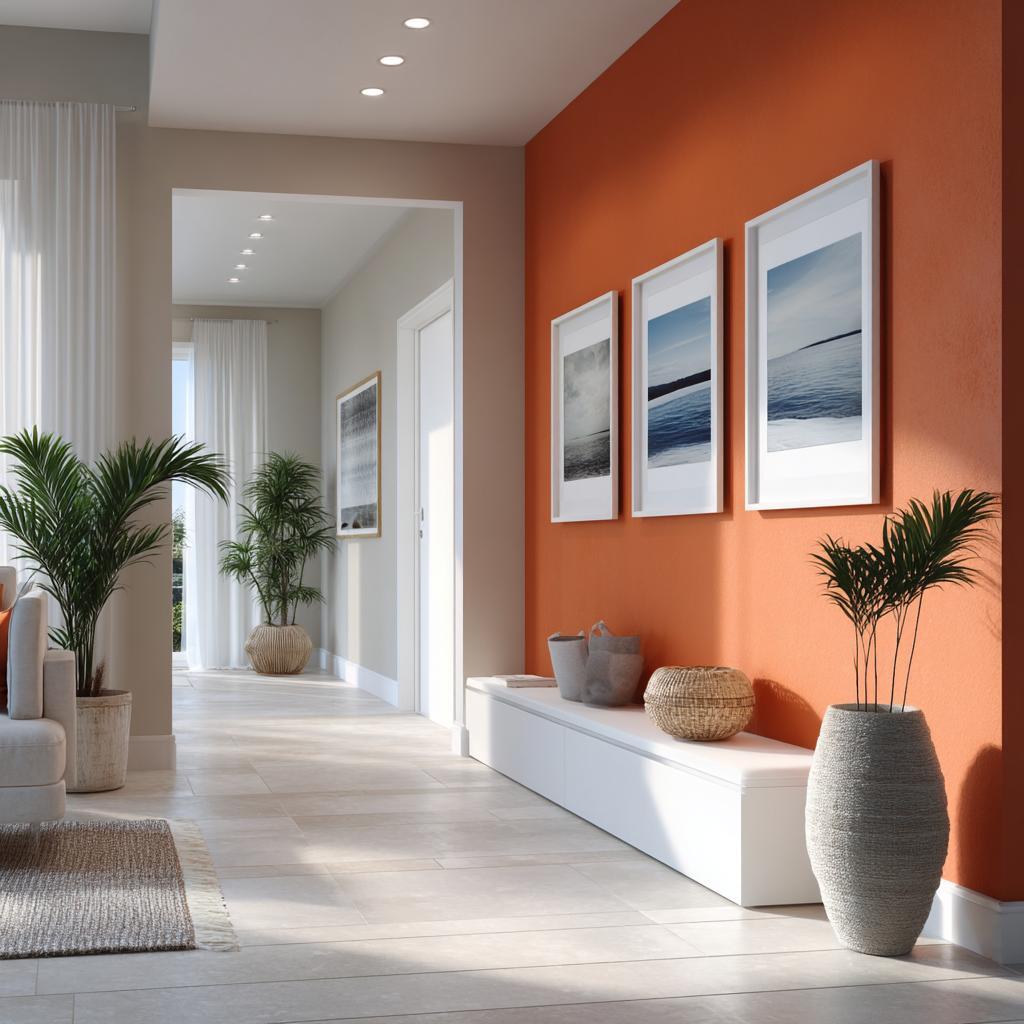 Hall interior colour combination featuring a terracotta accent wall with white frames