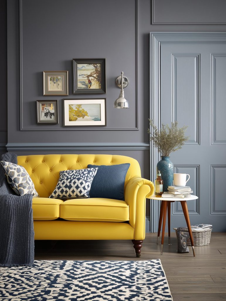 Home interior colour combination showcasing neutral grey walls and contemporary furniture