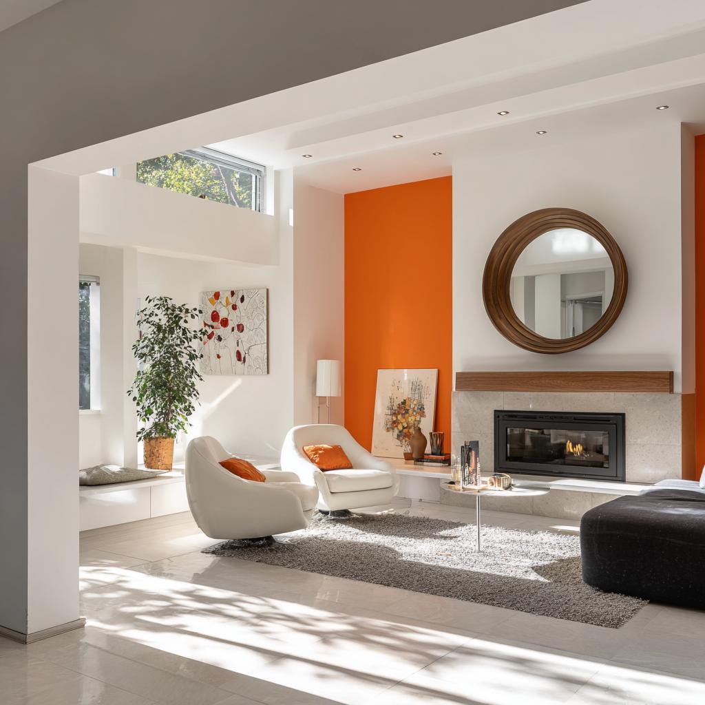 Interior house painting colour combinations with an orange accent wall and white fireplace