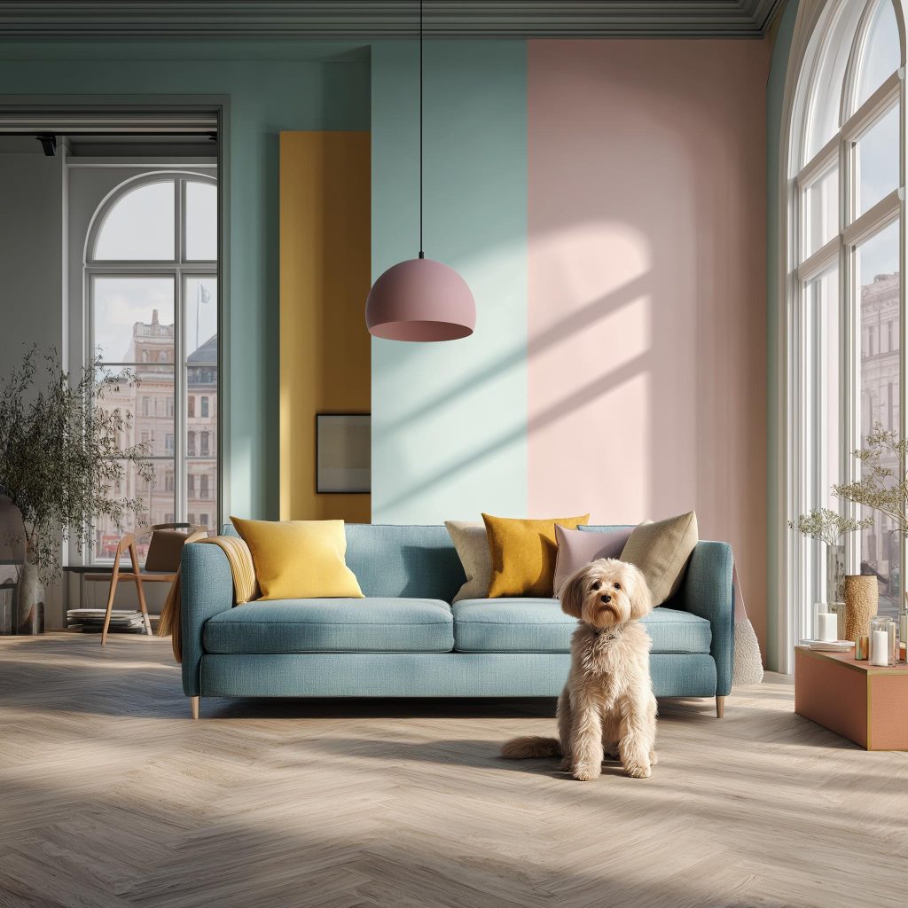 Interior wall colour combination ideas using pastel pink and teal walls with a blue sofa