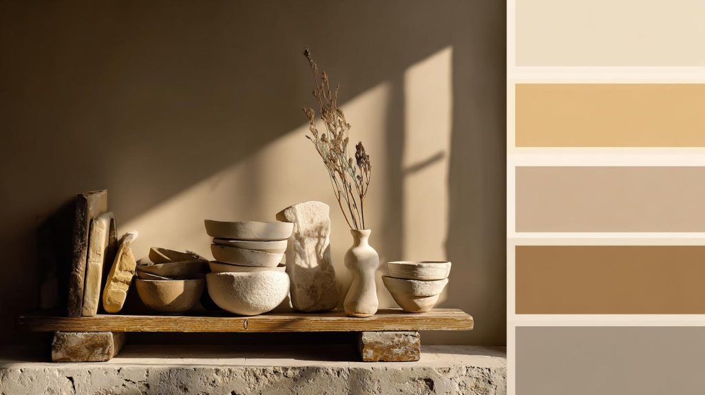Home interior colour combination featuring earthy beige and brown tones in a warm palette