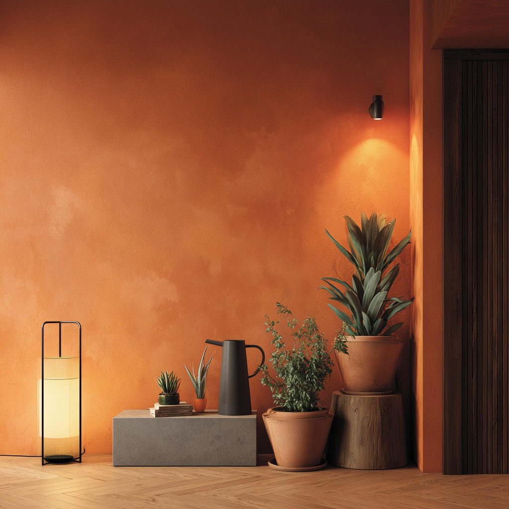 House interior colour combination using textured terracotta walls and minimalist greenery