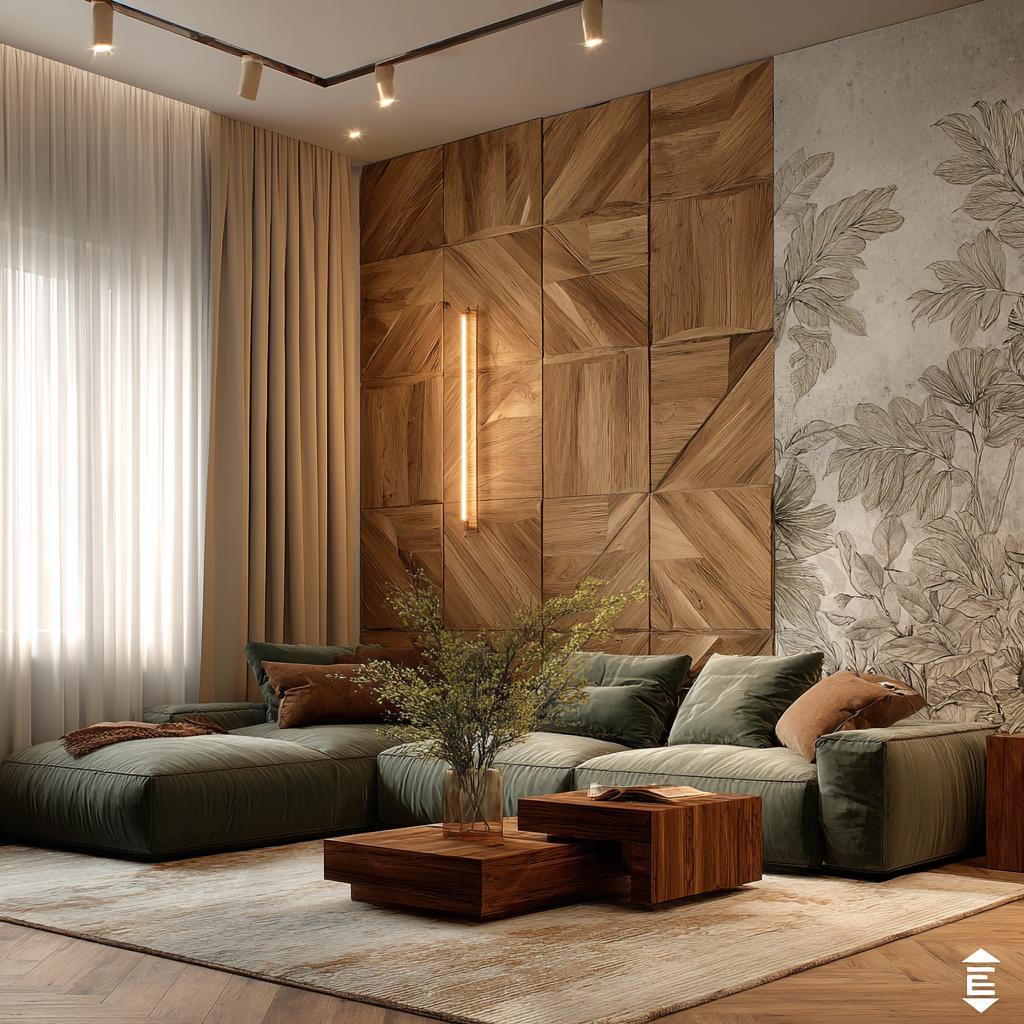 Artistic acrylic wall panels for living room paired with a geometric wood accent and floral mural