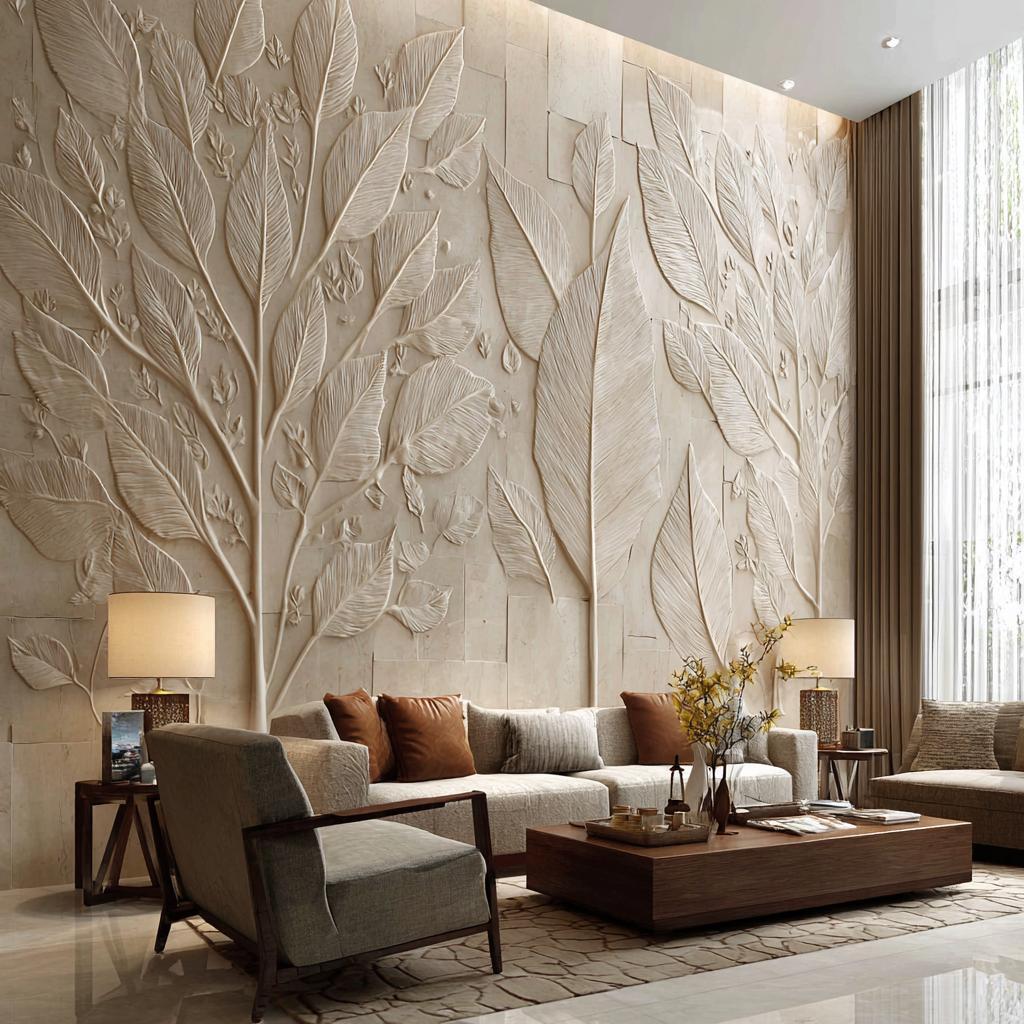 An elegant living room showcasing modern wall panelling designs for living room with a unique, textured botanical leaf pattern on the walls.