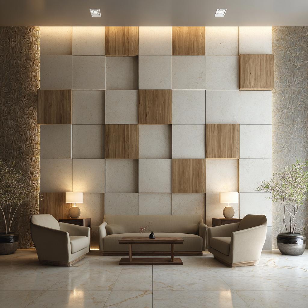 Unique living room wall panelling ideas using a mix of recessed and protruding 3D geometric squares.