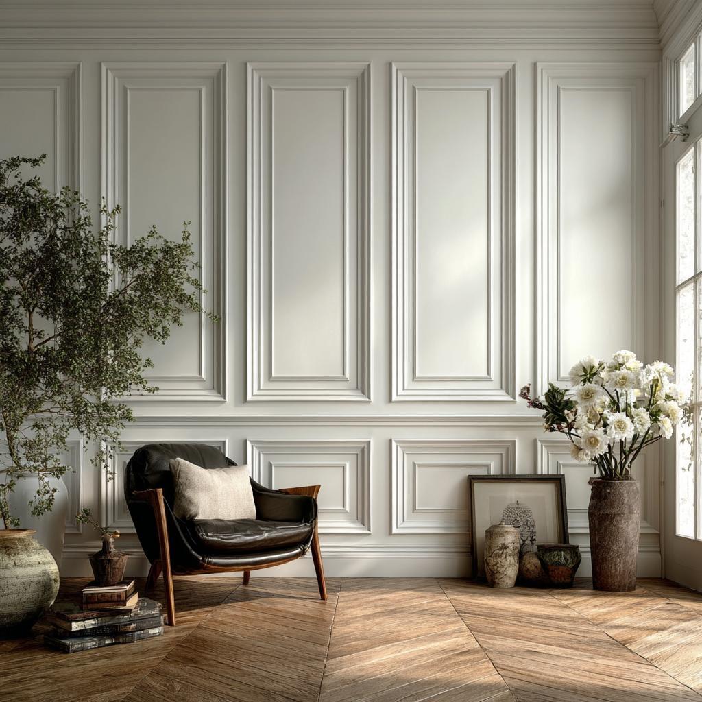 A classic wall panelling design for living room with elegant white moulded decorative wall frames.