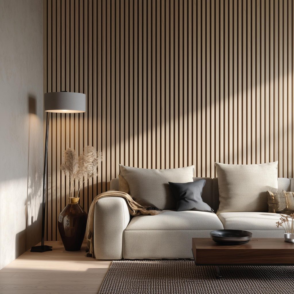 Creative wall panelling ideas living room featuring a light oak vertical slat accent behind a sofa.