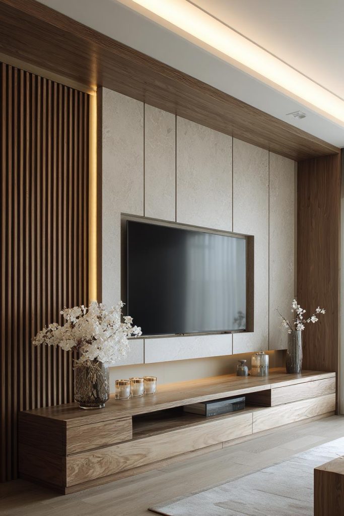 Functional wall panelling for living room featuring a stone-finish TV unit and vertical wood slats.