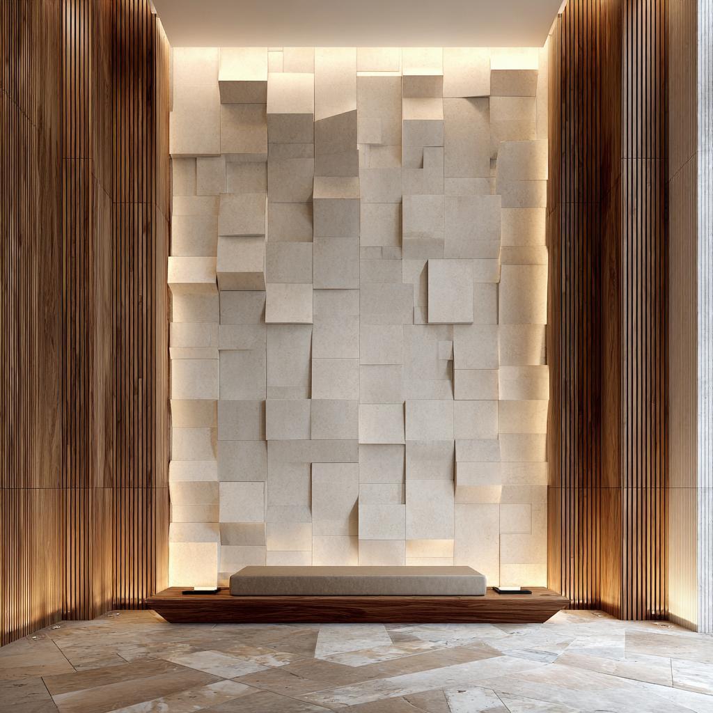 Modern wall panelling designs living room featuring a 3D stone texture with warm backlit glow.