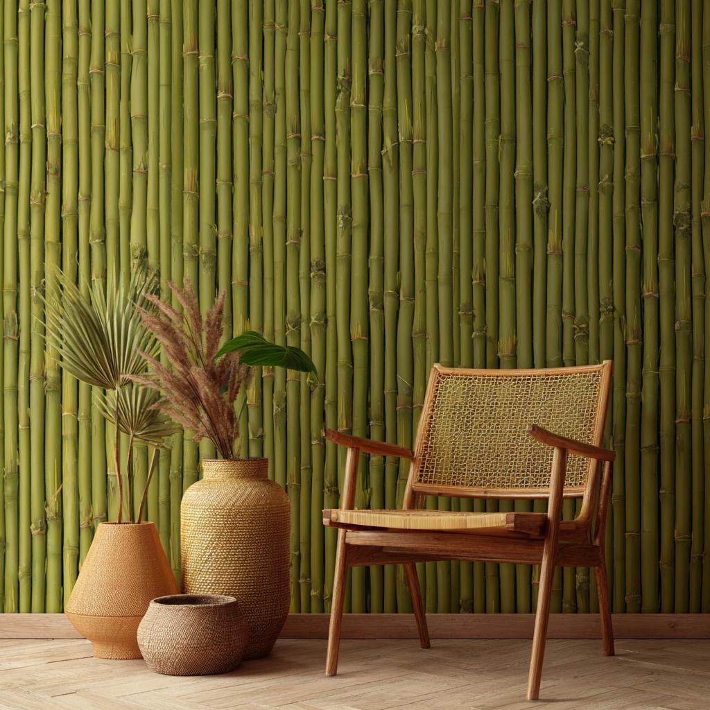Sustainable pvc wall panel design for living room with a vibrant green bamboo stalk appearance