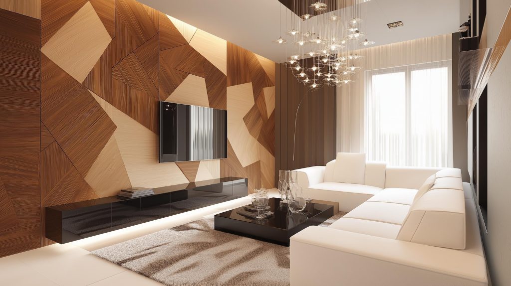 Durable pvc wall panel design for living room with an asymmetrical geometric wood grain pattern.