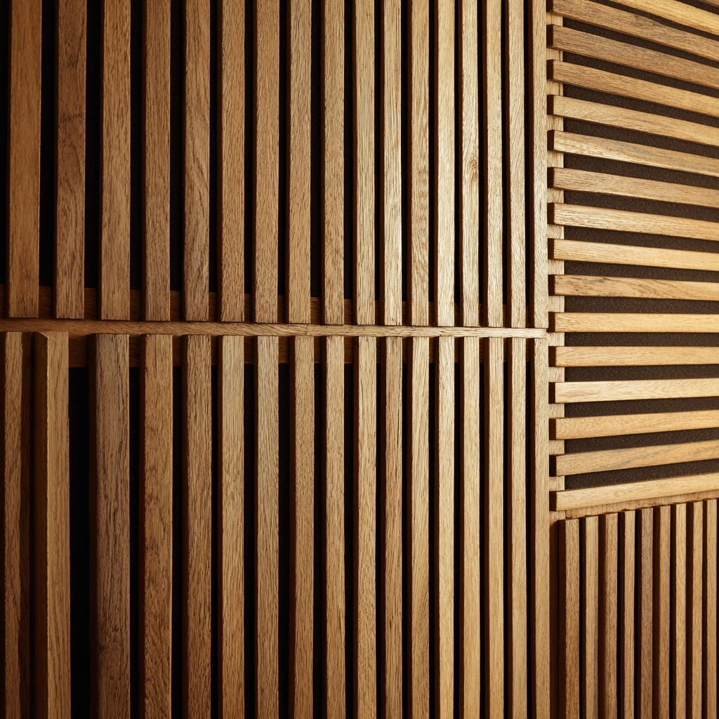 Sophisticated wooden wall panel design for living room with intersecting slats in a geometric pattern.