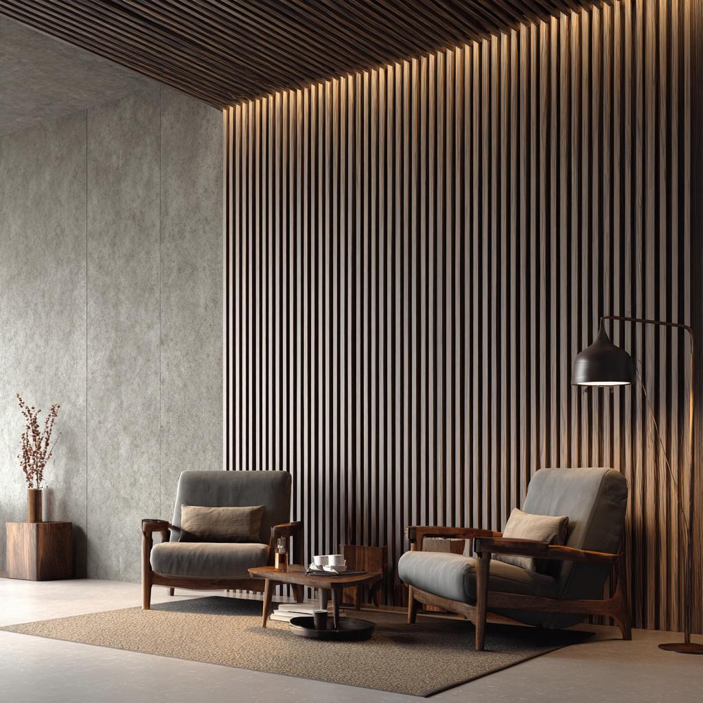Trendy wood paneling for living room walls utilizing dark vertical slats and integrated linear lighting.