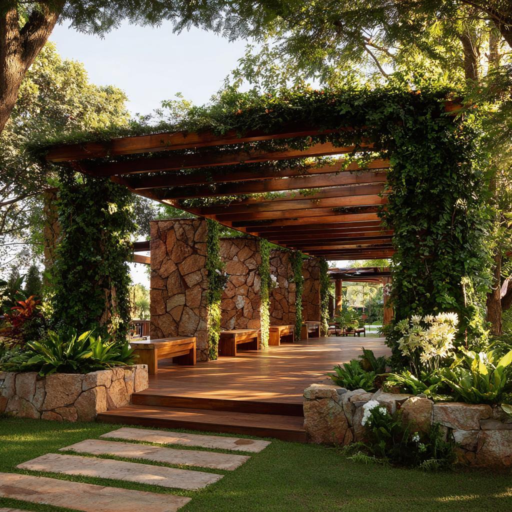 Grand pergola design elevation with rustic stone pillars, timber beams, and lush climbing creepers