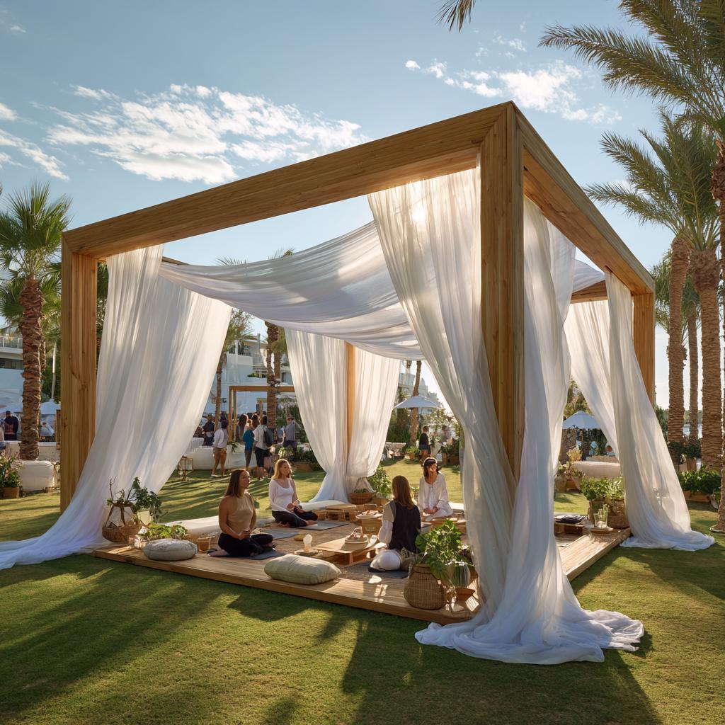 Elegant pergola design for home with white flowing fabric drapes and a wooden platform for yoga