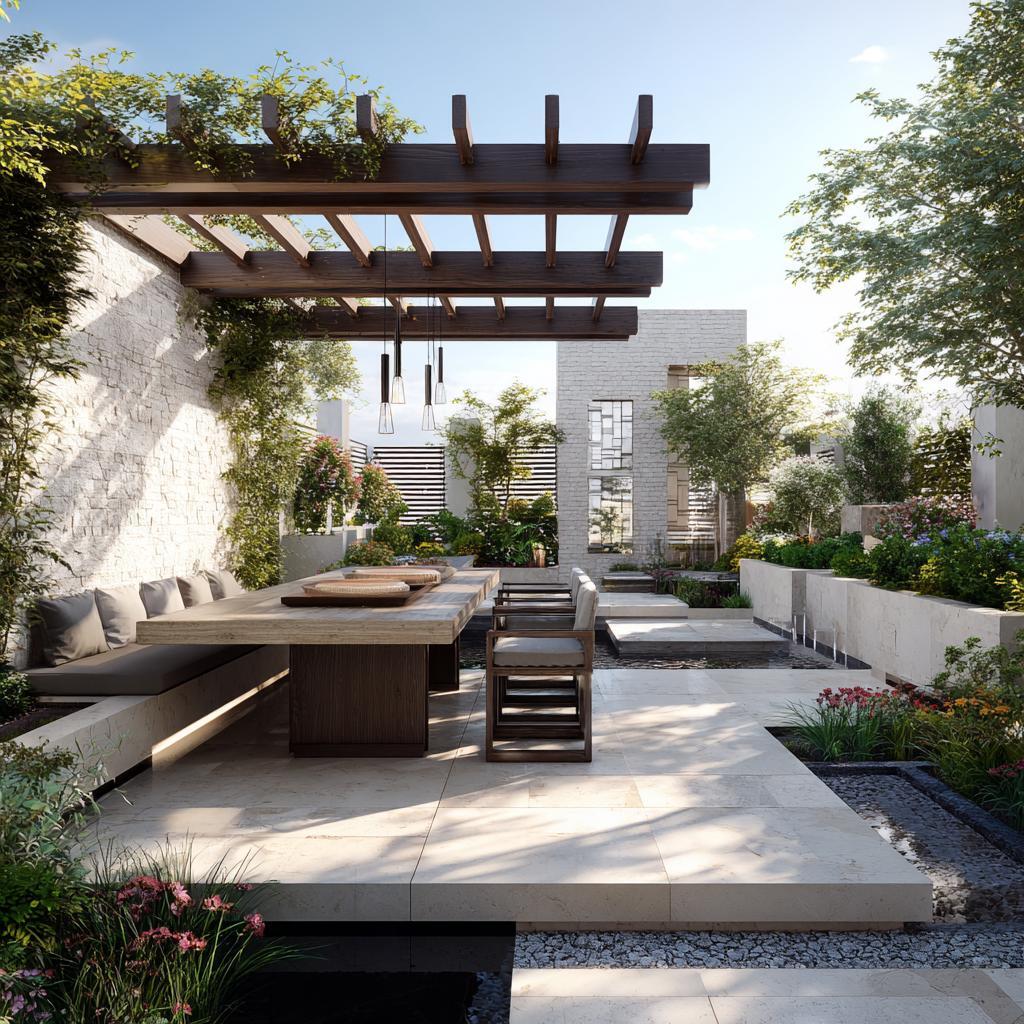 Sleek concrete pergola design ideas with minimalist grey pillars, dark metal slats, and evening lights
