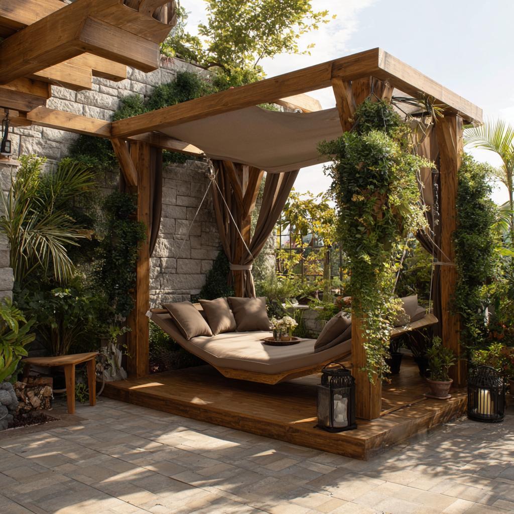 A cozy wall pergola design featuring a suspended wooden swing bed, earth-toned cushions, and vines