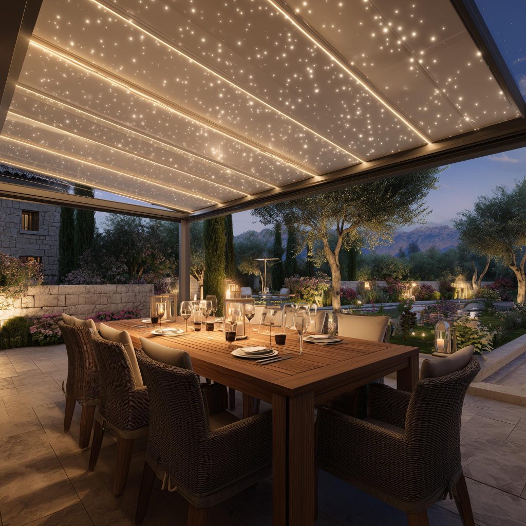 High-tech pergola design for terrace with integrated LED star-lights and a large wooden dining set
