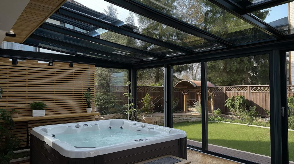 Modern terrace pergola designs featuring a wooden slatted roof, plush L-shaped sofa and greenery