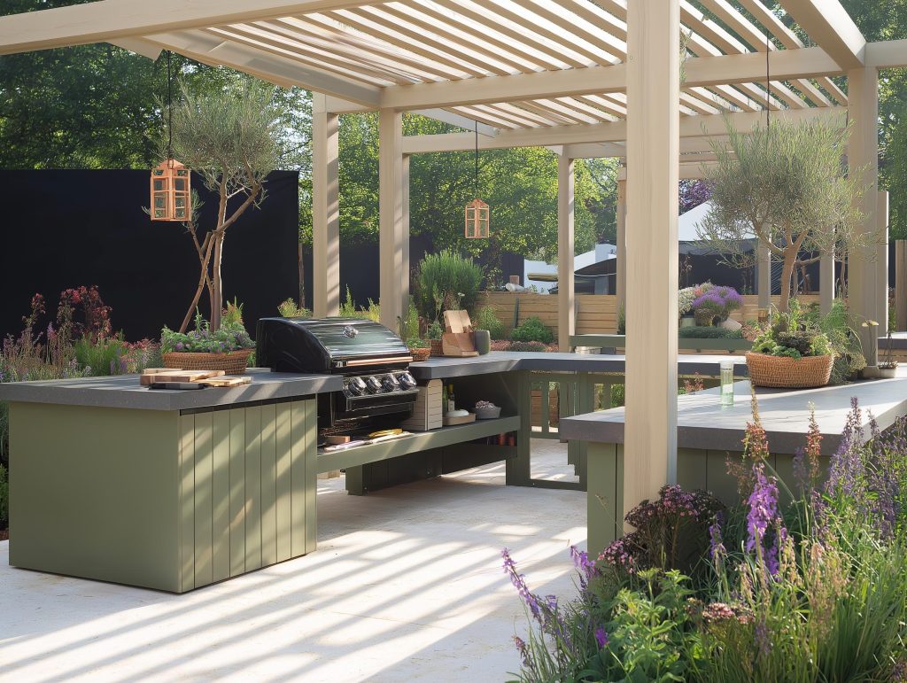 Minimalist pergola design for balcony featuring an outdoor grill, olive trees, and sage green cabinets