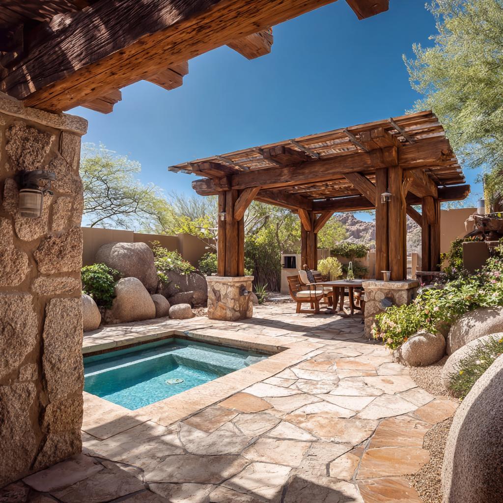 Sturdy concrete pergola design on terrace with a central fire pit, stone base, and timber rafters