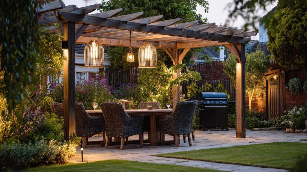 A house pergola design in wood with a dining set, wicker chairs, and elegant hanging lanterns.