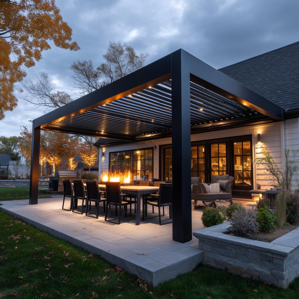 Contemporary pergola design wall attachment featuring integrated lights and a modern fire-pit table