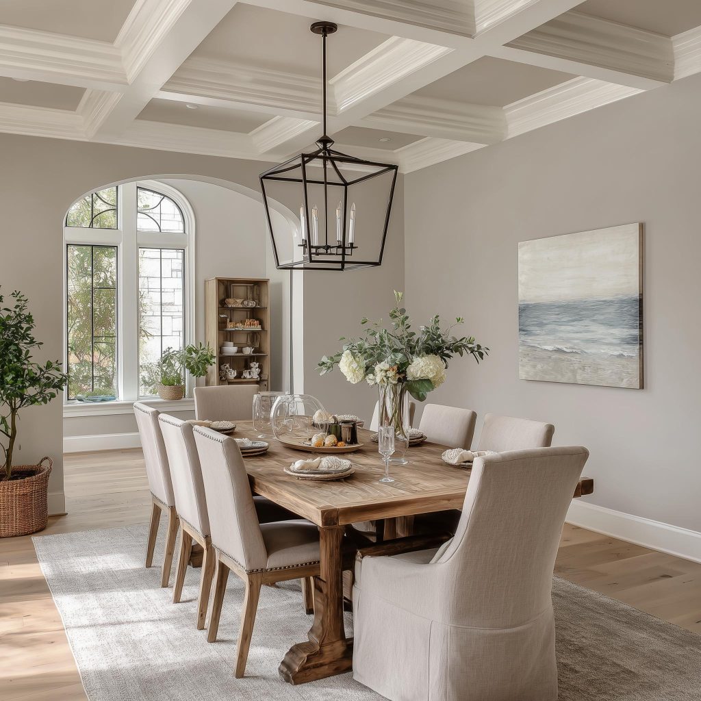 Dining room ceiling light fixtures elevate classic coffered ceiling elegance